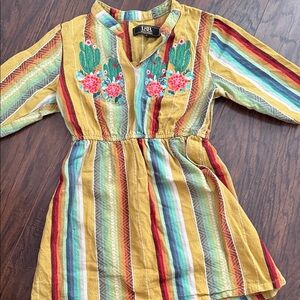 Lucky & Blessed Multicolor Striped Kids Dress with Floral Embroidery
